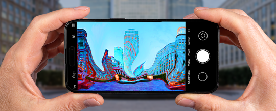 Phone camera viewfinder showing distorted photos
