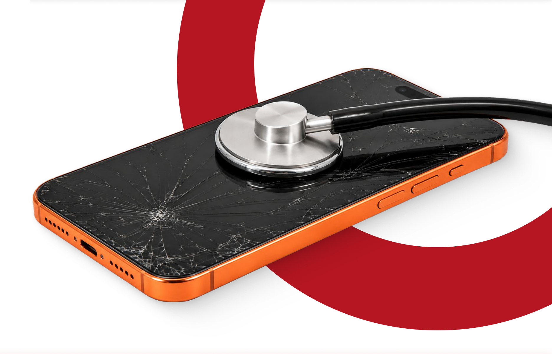 Cracked phone being diagnosed with a stethoscope