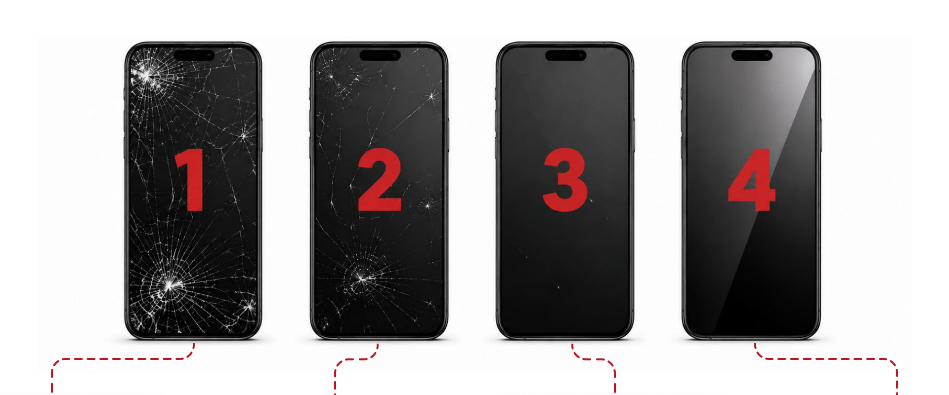 Four phones showing the repair journey from cracked screen to fixed